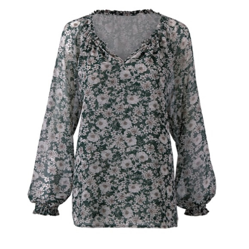 Women’s Cabi Size Medium Green Floral V-Neck Peasant Blouse #3765